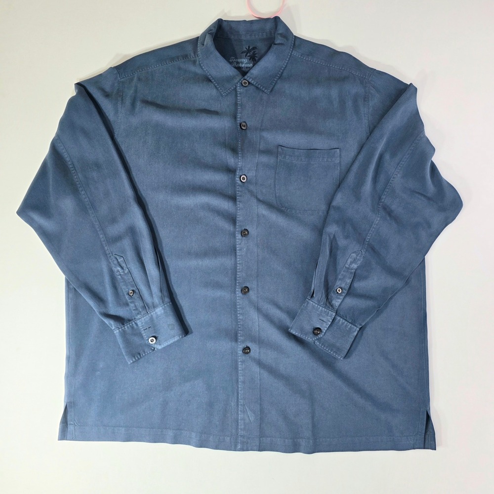 Tommy Bahama Mens XXL Blue 100% Silk Long Sleeve Button Down Original Fit Shirt